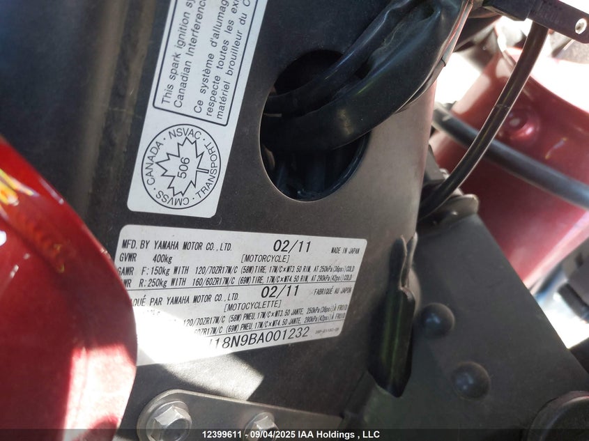 2011 Yamaha Fz6 R VIN: JYARJ18N9BA001232 Lot: 12399611