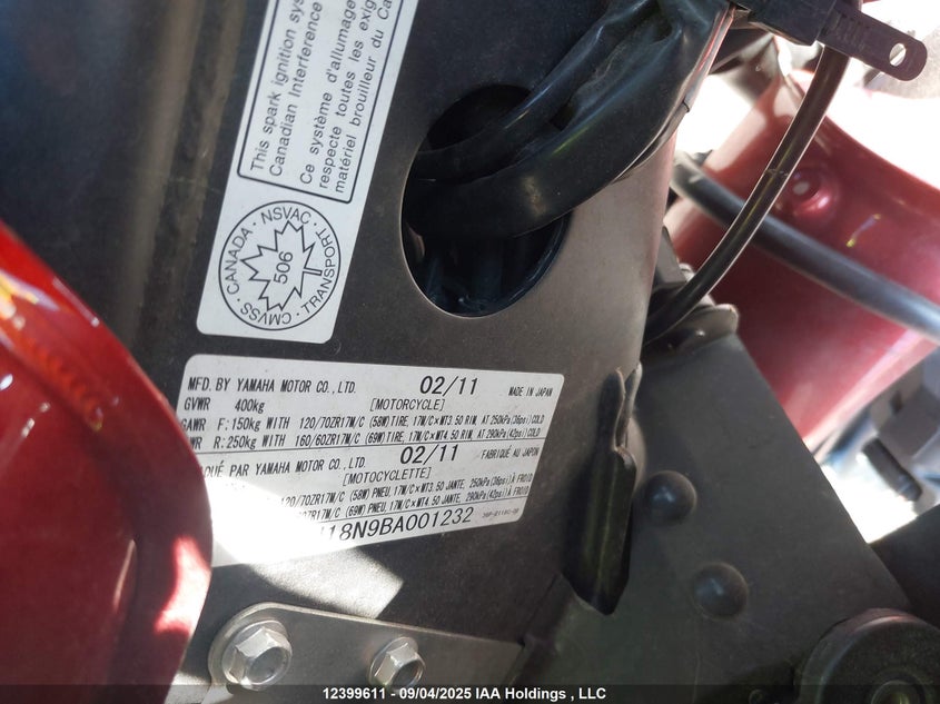 2011 Yamaha Fz6 R VIN: JYARJ18N9BA001232 Lot: 12399611
