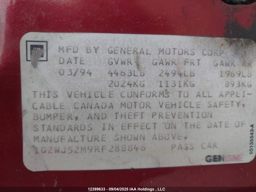 1994 Pontiac Grand Prix Se VIN: 1G2WJ52M9RF288846 Lot: 12399633