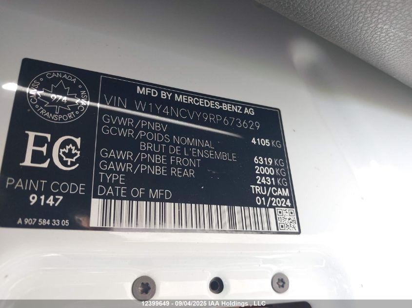 2024 Mercedes-Benz Sprinter 2500 High Roof 4-Cyl Diesel Ho/Standard Roof 4-Cyl Diesel Ho VIN: W1Y4NCVY9RP673629 Lot: 12399649