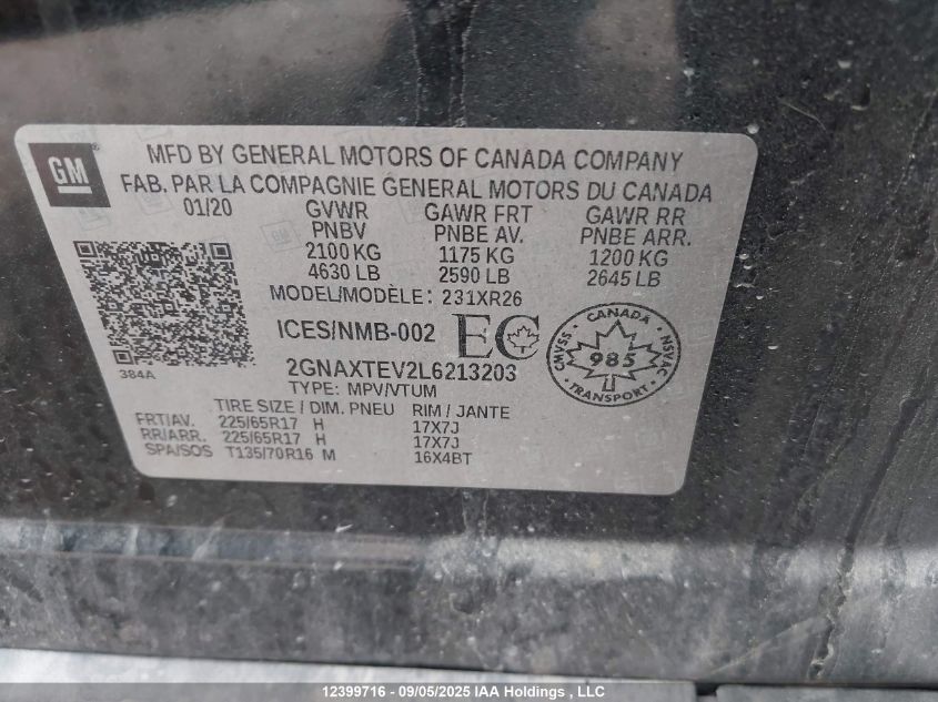 2020 Chevrolet Equinox Lt VIN: 2GNAXTEV2L6213203 Lot: 12399716