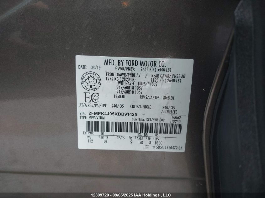 2019 Ford Edge Sel VIN: 2FMPK4J95KBB91425 Lot: 12399720