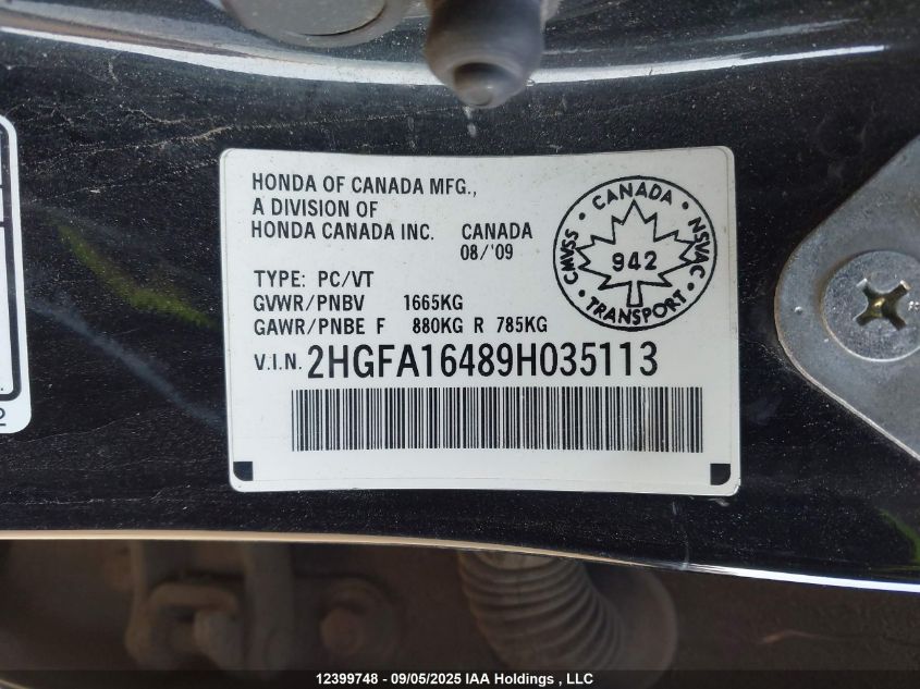 2009 Honda Civic Dx-G VIN: 2HGFA16489H035113 Lot: 12399748