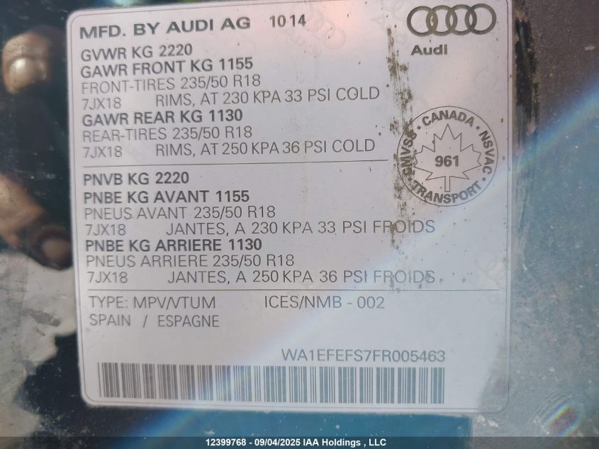 2015 Audi Q3 4P Ti VIN: WA1EFEFS7FR005463 Lot: 12399768