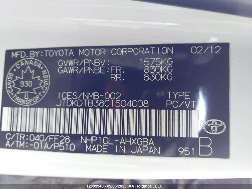 2012 Toyota Prius C VIN: JTDKDTB38C1504008 Lot: 12399940