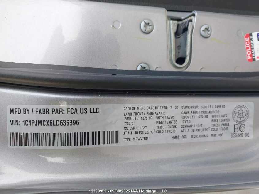 2020 Jeep Cherokee Latitude VIN: 1C4PJMCX6LD636396 Lot: 12399959