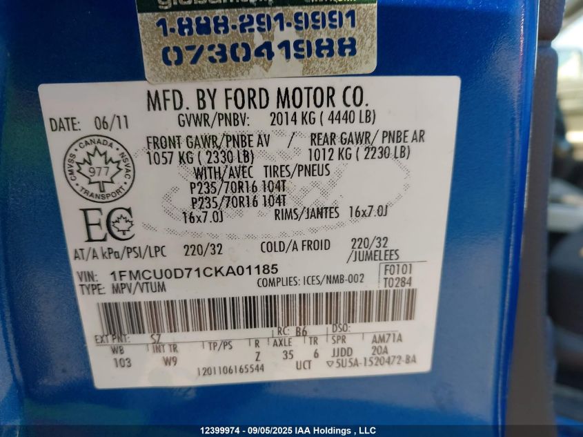 2012 Ford Escape Xlt VIN: 1FMCU0D71CKA01185 Lot: 12399974