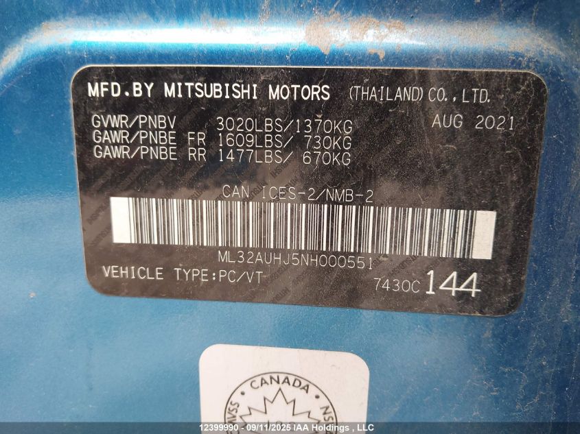 2022 Mitsubishi Mirage Es/Le VIN: ML32AUHJ5NH000551 Lot: 12399990