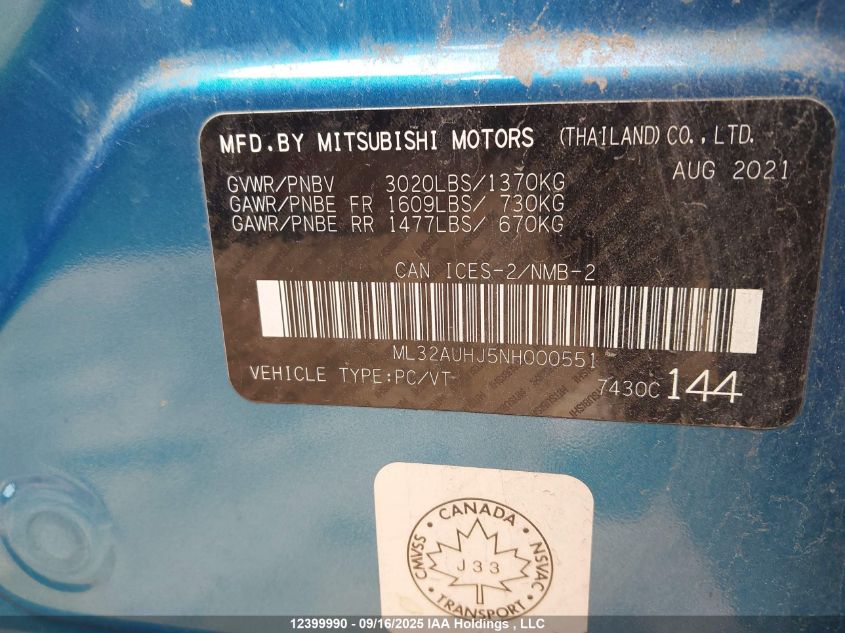 2022 Mitsubishi Mirage Es/Le VIN: ML32AUHJ5NH000551 Lot: 12399990