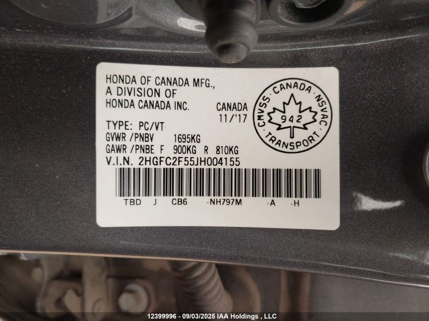 2018 Honda Civic Lx VIN: 2HGFC2F55JH004155 Lot: 12399996