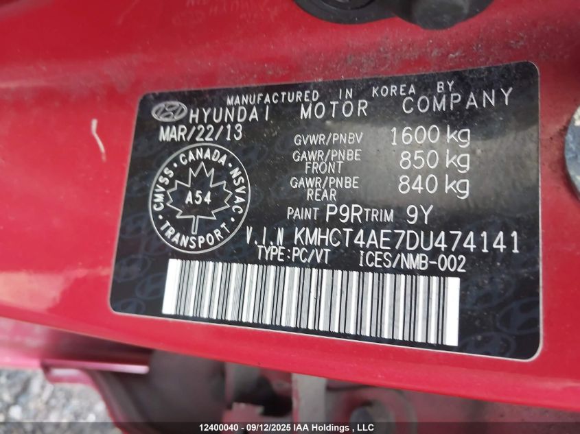 2013 Hyundai Accent Gl VIN: KMHCT4AE7DU474141 Lot: 12400040