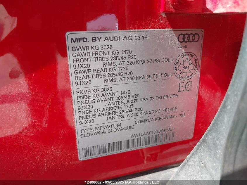 2018 Audi Q7 3.0T Progressiv VIN: WA1LAAF77JD037281 Lot: 12400062