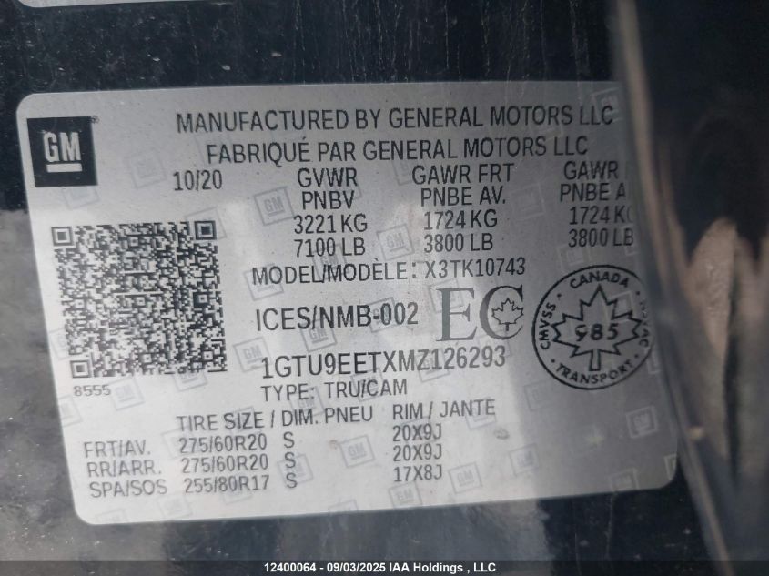 2021 GMC Sierra 1500 At4 VIN: 1GTU9EETXMZ126293 Lot: 12400064