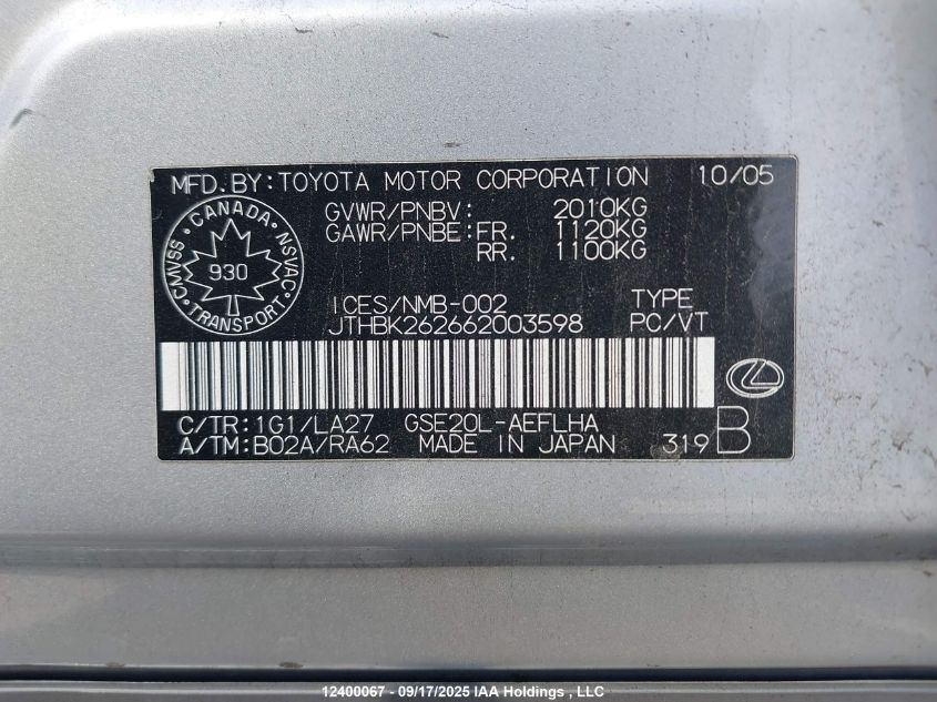 2006 Lexus Is 250 VIN: JTHBK262662003598 Lot: 12400067