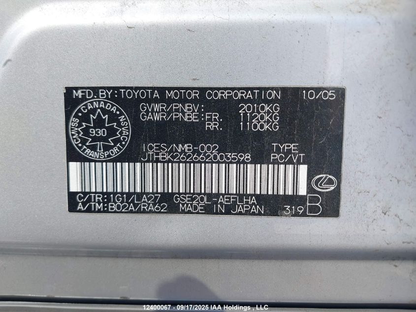 2006 Lexus Is 250 VIN: JTHBK262662003598 Lot: 12400067