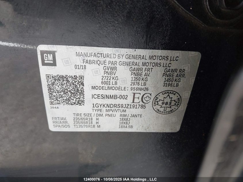 2018 Cadillac Xt5 Luxury VIN: 1GYKNDRS9JZ191785 Lot: 12400076