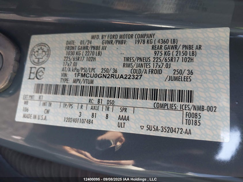 1FMCU0GN2RUA22327 2024 FORD ESCAPE photo no. 9