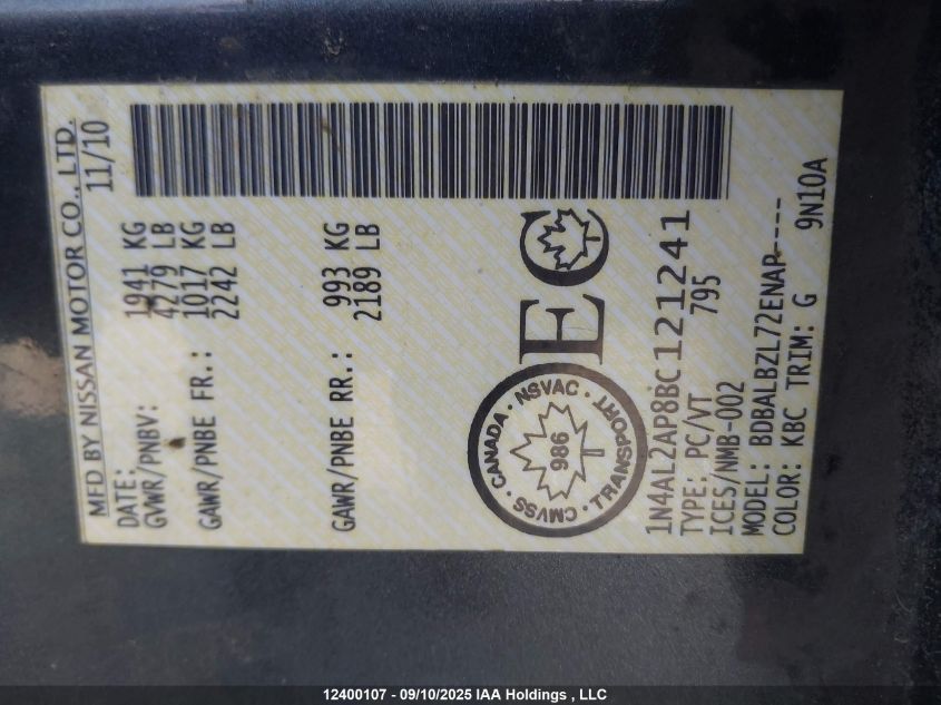 2011 Nissan Altima S VIN: 1N4AL2AP8BC121241 Lot: 12400107