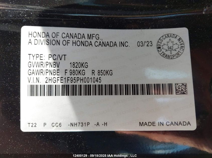 2023 Honda Civic Touring VIN: 2HGFE1F95PH001045 Lot: 12400129