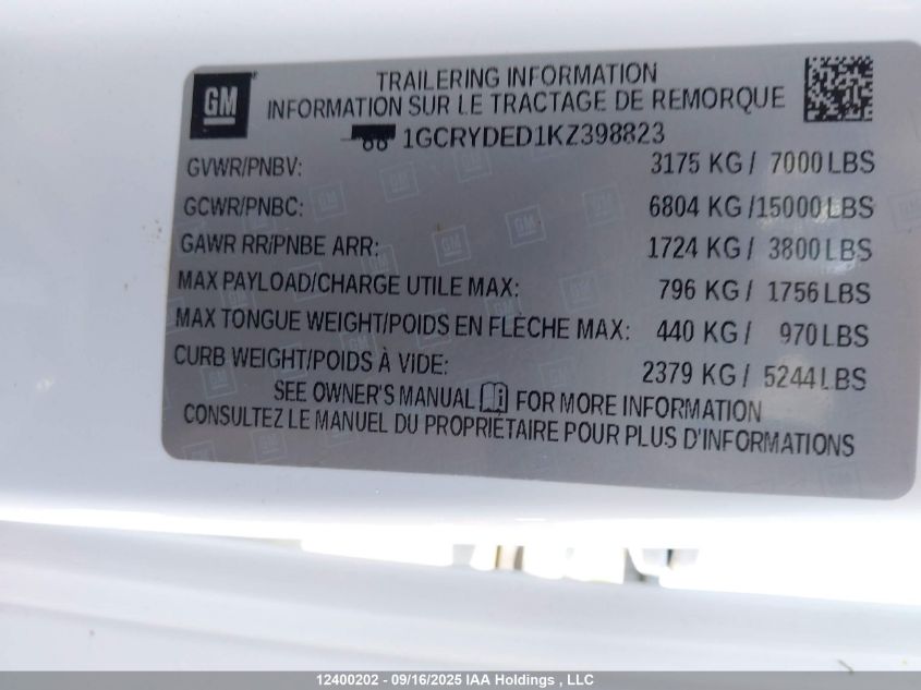 2019 Chevrolet Silverado 1500 Lt VIN: 1GCRYDED1KZ398823 Lot: 12400202