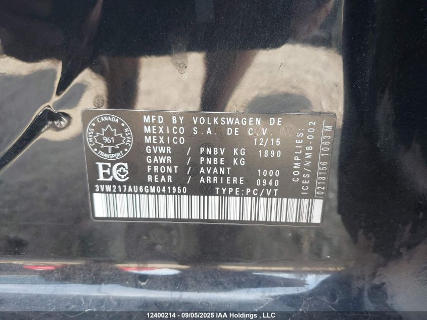 2016 Volkswagen Golf S/Se/Sel VIN: 3VW217AU6GM041950 Lot: 12400214