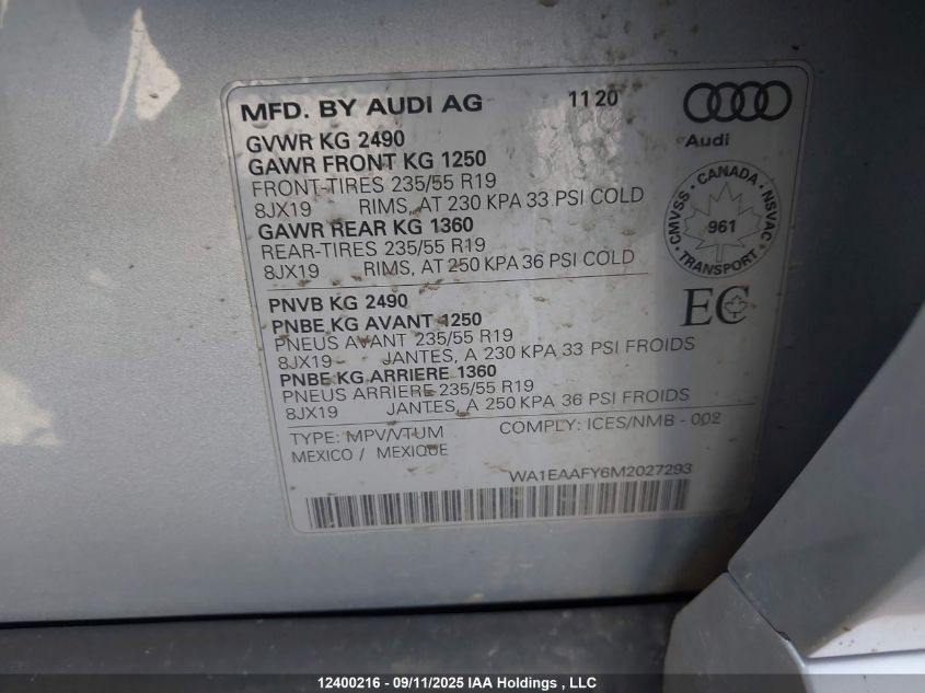2021 Audi Q5 Progressiv VIN: WA1EAAFY6M2027293 Lot: 12400216