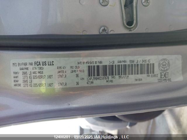 2019 Jeep Cherokee Sport VIN: 1C4PJMAB4KD107678 Lot: 12400281