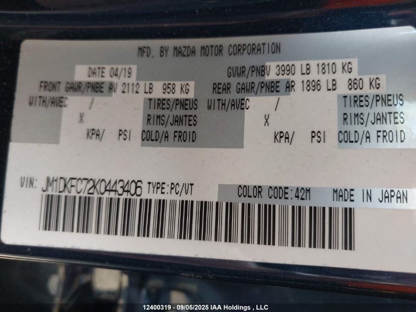 2019 Mazda Cx-3 Gs VIN: JM1DKFC72K0443406 Lot: 12400319