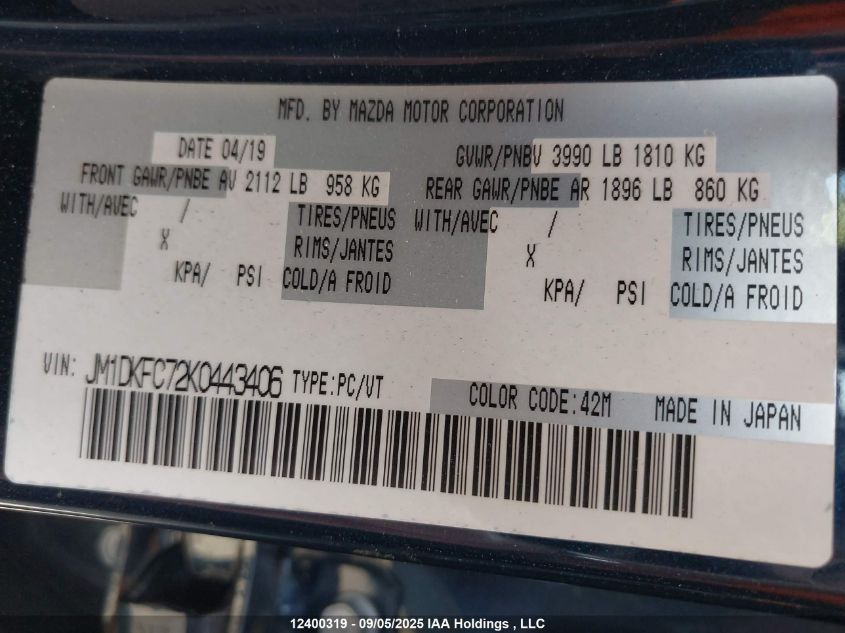 2019 Mazda Cx-3 Gs VIN: JM1DKFC72K0443406 Lot: 12400319