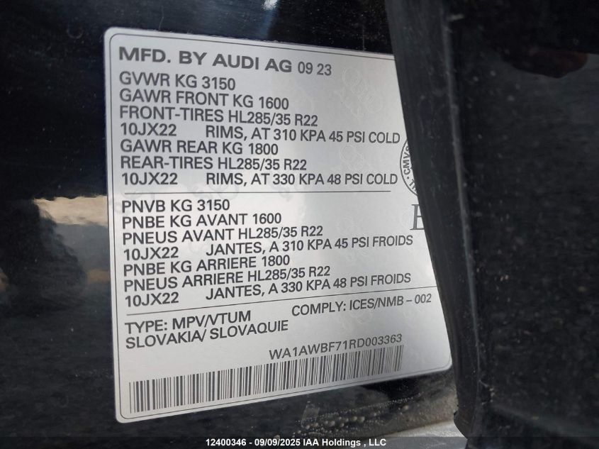 2024 Audi Sq7 VIN: WA1AWBF71RD003363 Lot: 12400346