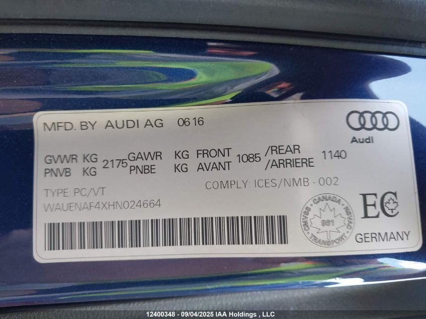 2017 Audi A4 2.0T Progressiv VIN: WAUENAF4XHN024664 Lot: 12400348