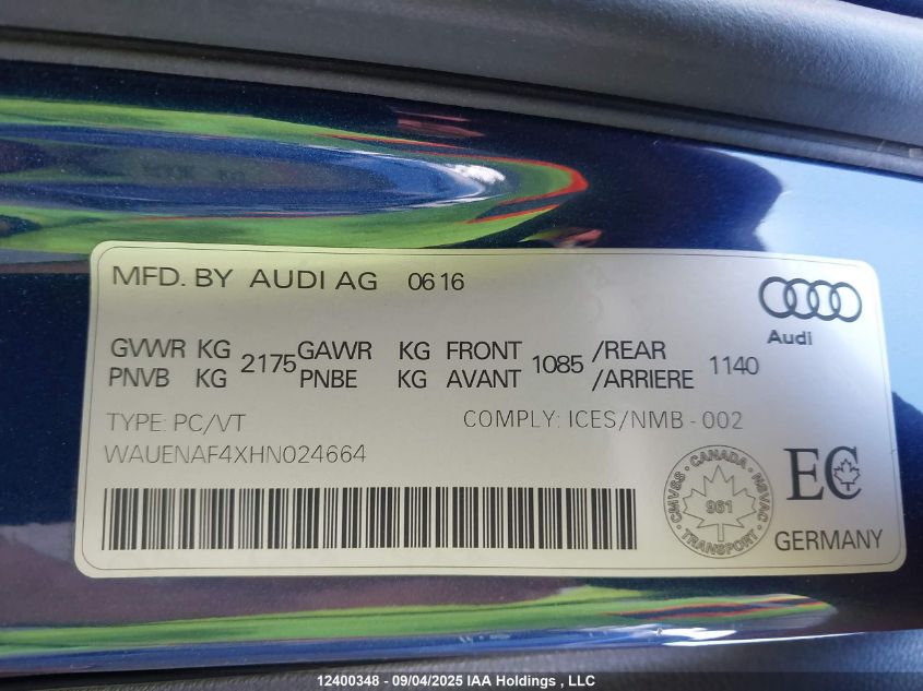 2017 Audi A4 2.0T Progressiv VIN: WAUENAF4XHN024664 Lot: 12400348