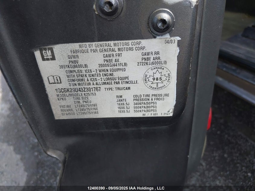 1GCGK29U43Z301767 2003 CHEVROLET SILVERADO photo no. 9