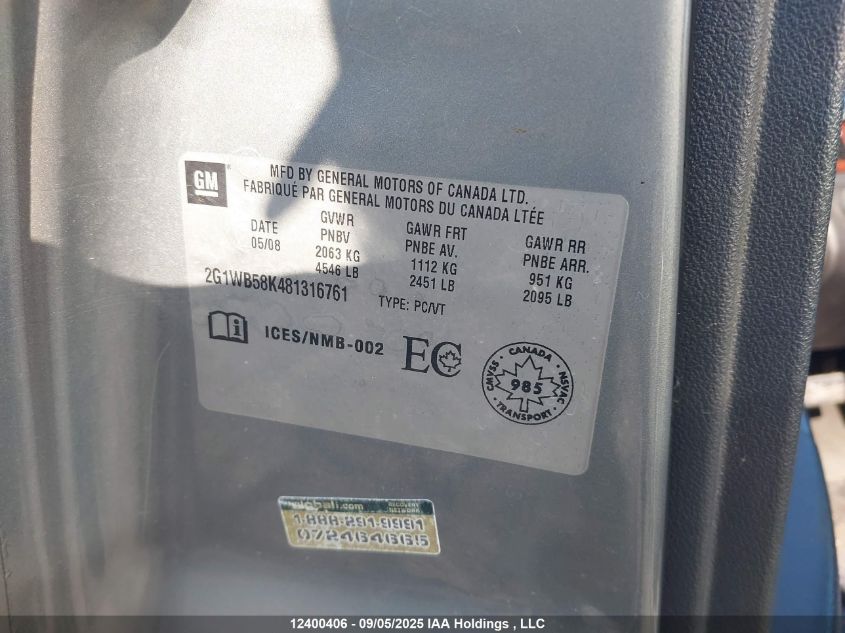 2008 Chevrolet Impala Ls VIN: 2G1WB58K481316761 Lot: 12400406