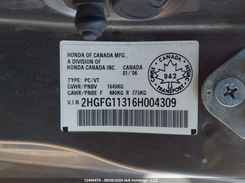 2006 Honda Civic Dx-G VIN: 2HGFG11316H004309 Lot: 12400470