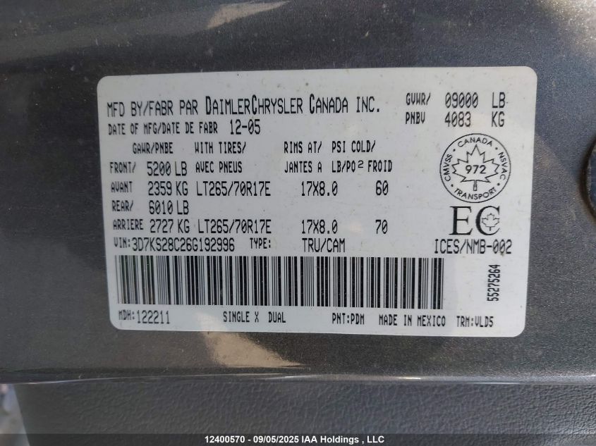 2006 Dodge Ram 2500 St/Slt/Laramie VIN: 3D7KS28C26G192996 Lot: 12400570