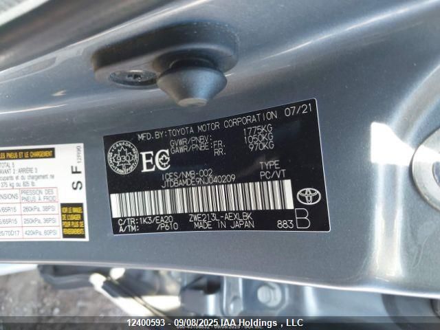 2022 Toyota Corolla Hybrid Base W/Li Battery VIN: JTDBAMDE9NJ040209 Lot: 12400593