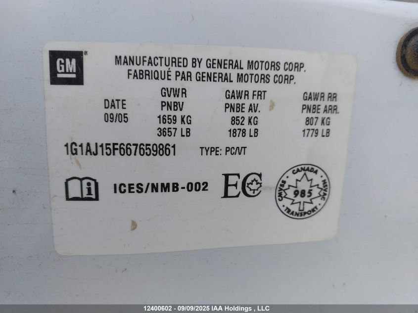 2006 Chevrolet Cobalt Ls VIN: 1G1AJ15F667659861 Lot: 12400602