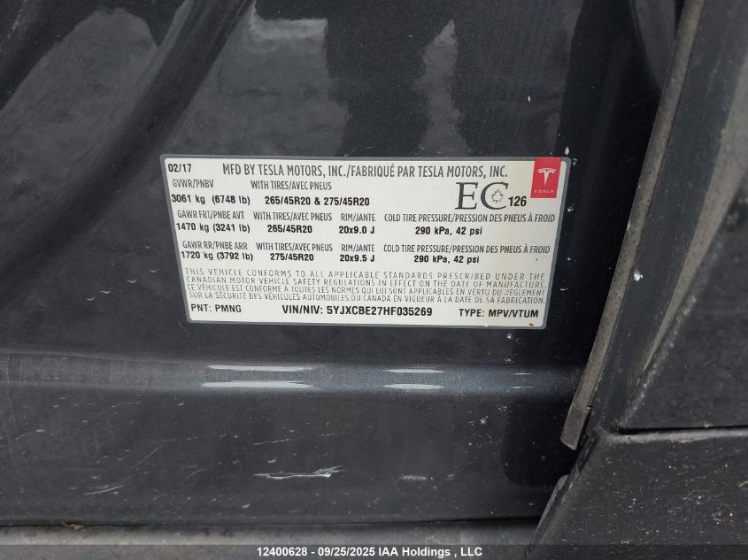2017 Tesla Model X VIN: 5YJXCBE27HF035269 Lot: 12400628