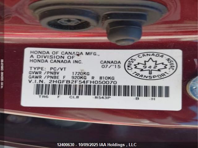 2015 Honda Civic Ex 4Dr VIN: 2HGFB2F54FH050070 Lot: 12400630