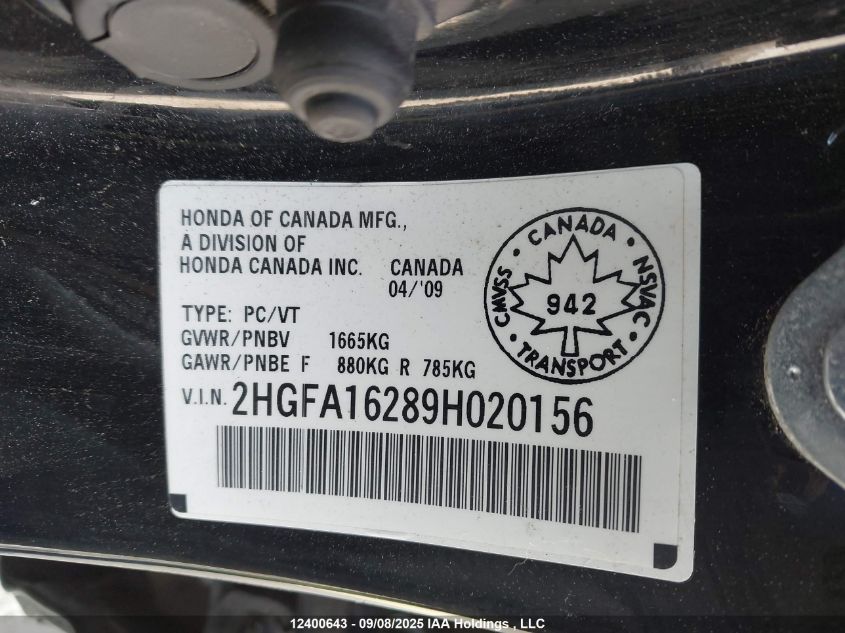 2009 Honda Civic Dx VIN: 2HGFA16289H020156 Lot: 12400643