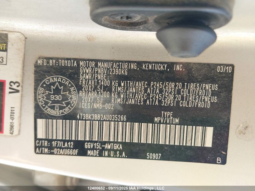 2010 Toyota Venza Base V6 VIN: 4T3BK3BB2AU035266 Lot: 12400652