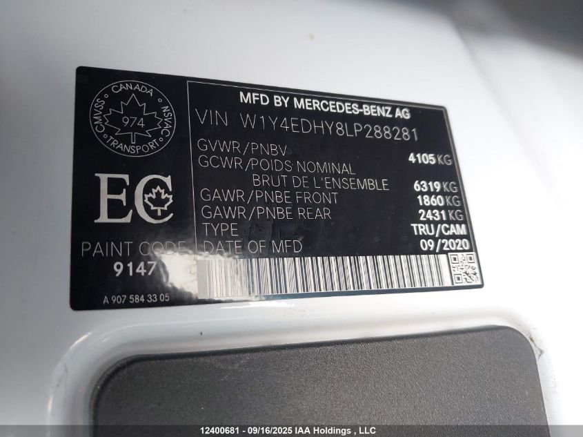 2020 Mercedes-Benz Sprinter 2500 High Roof V6 VIN: W1Y4EDHY8LP288281 Lot: 12400681