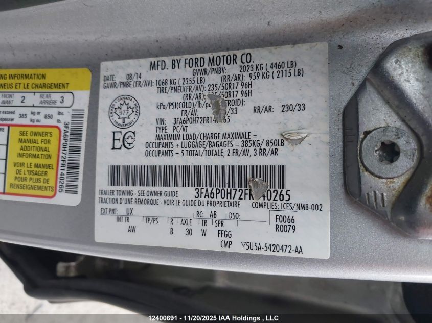 2015 Ford Fusion VIN: 3FA6P0H72FR140265 Lot: 12400691