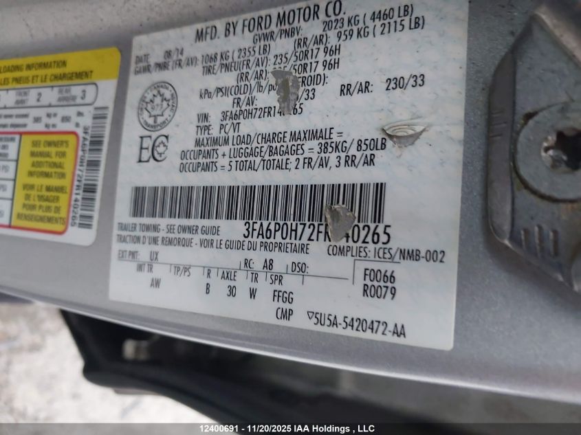 2015 Ford Fusion VIN: 3FA6P0H72FR140265 Lot: 12400691