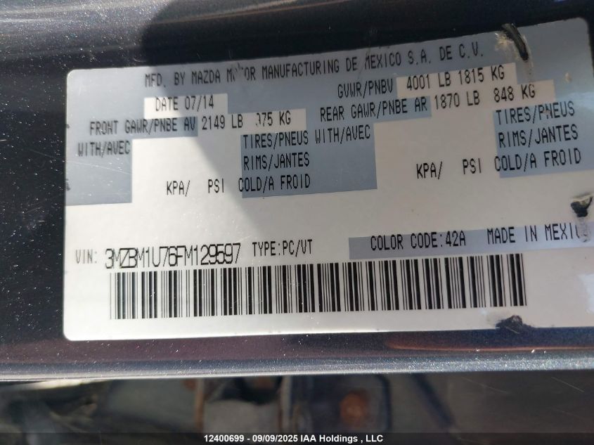 2015 Mazda 3 Sport VIN: 3MZBM1U76FM129597 Lot: 12400699