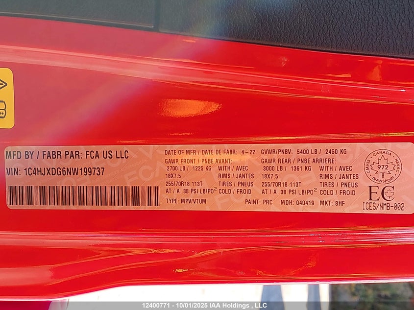 2022 Jeep Tj VIN: 1C4HJXDG6NW199737 Lot: 12400771