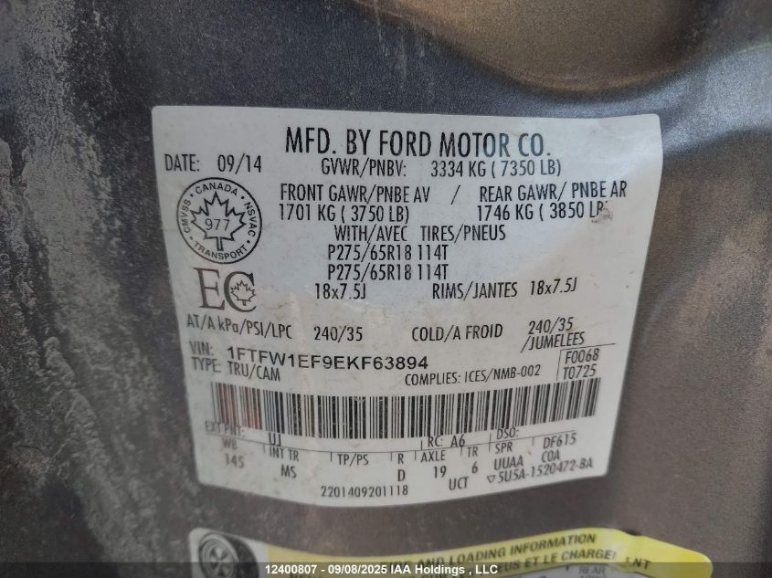 2014 Ford F150 Supercrew VIN: 1FTFW1EF9EKF63894 Lot: 12400807