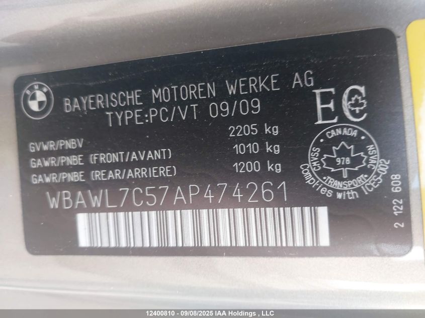 2010 BMW 335 I VIN: WBAWL7C57AP474261 Lot: 12400810