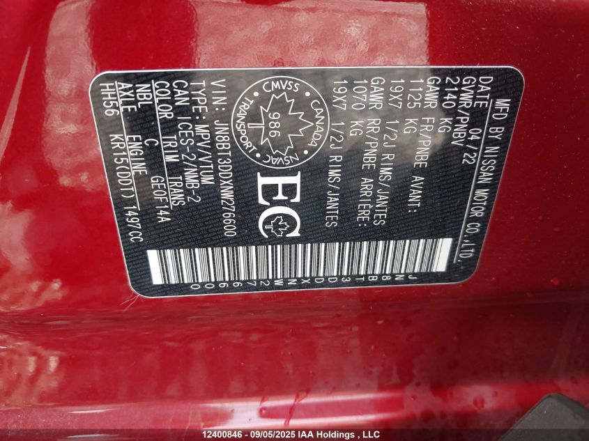 2022 Nissan Rogue Platinum VIN: JN8BT3DDXNW276600 Lot: 12400846